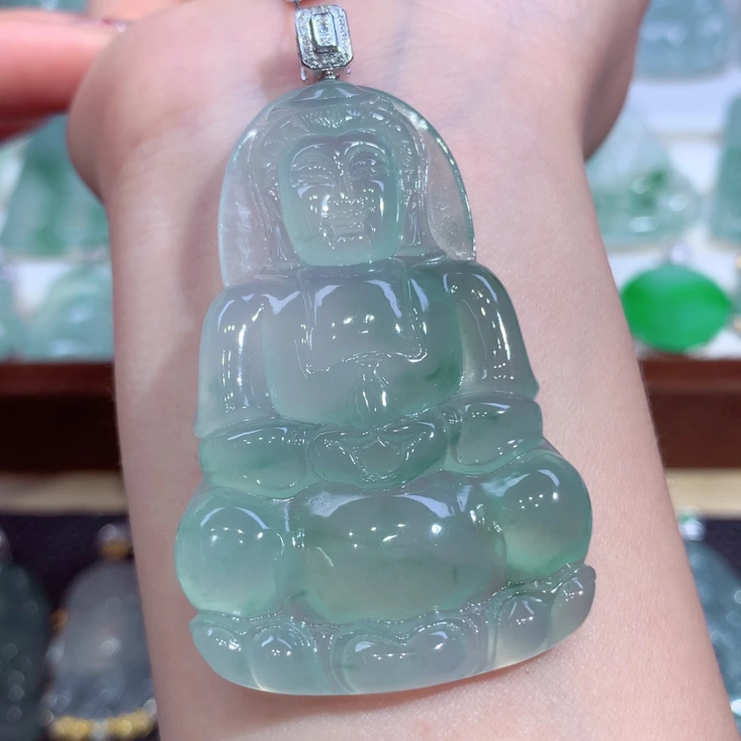 吊坠(不含链)18K金镶嵌翡翠天然缅甸A货翡翠揭阳工观音