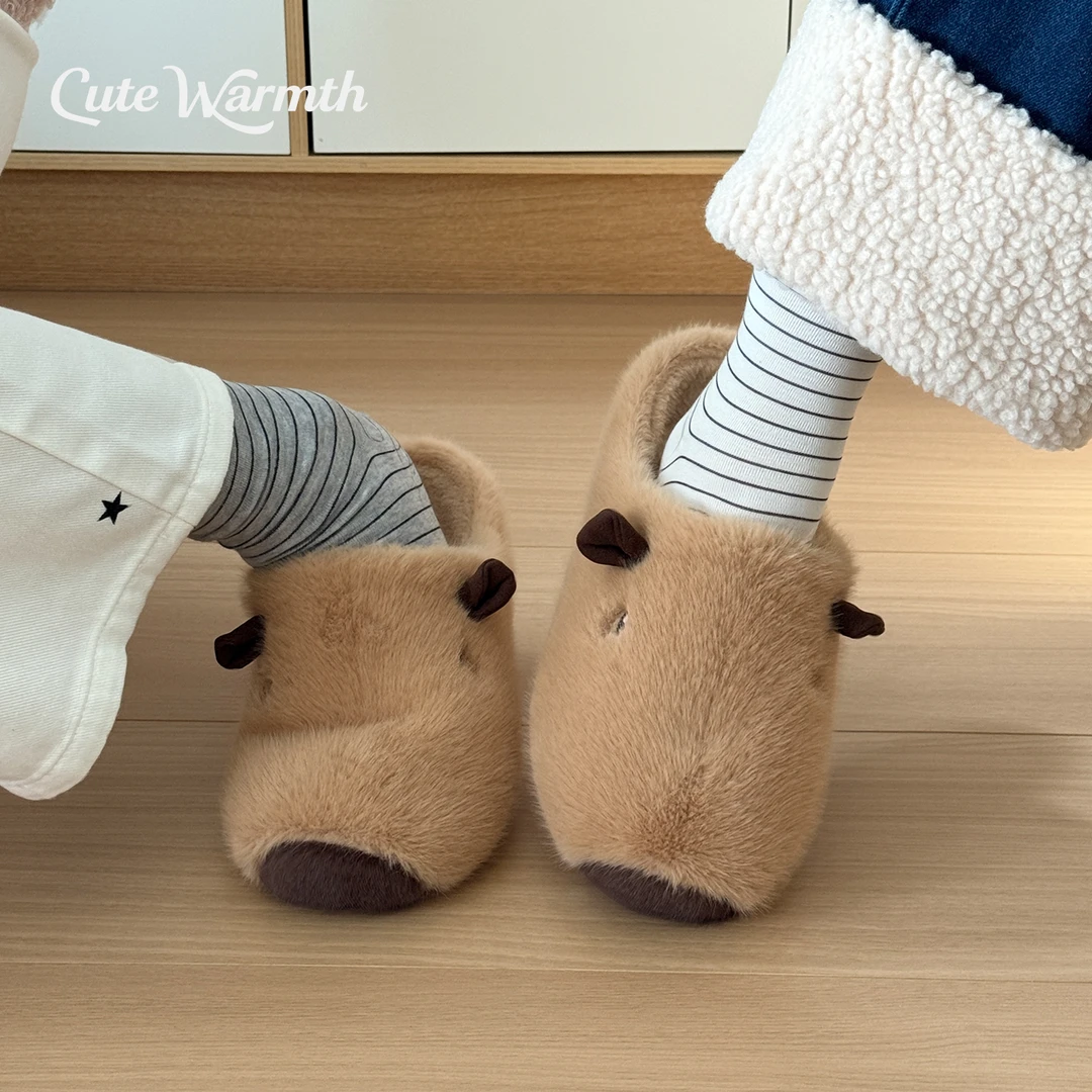 红豆卡皮巴拉女款棉拖鞋秋冬季2025新款居家厚底防滑毛绒保暖棉拖