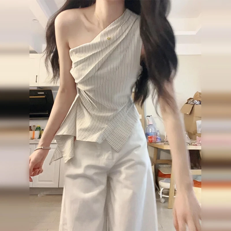 韩系不规则斜肩条纹衬衫女夏2025新款设计感小众独特绝美无袖上衣