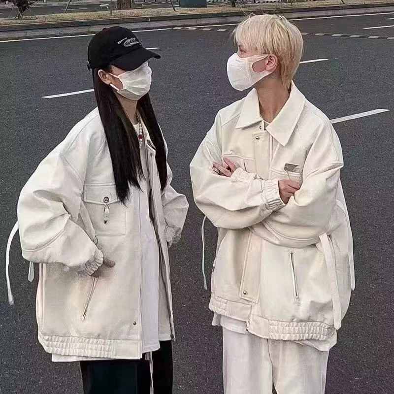 白色棒球服皮衣外套男女春秋季美式复古设计感小众PU机车服夹克潮