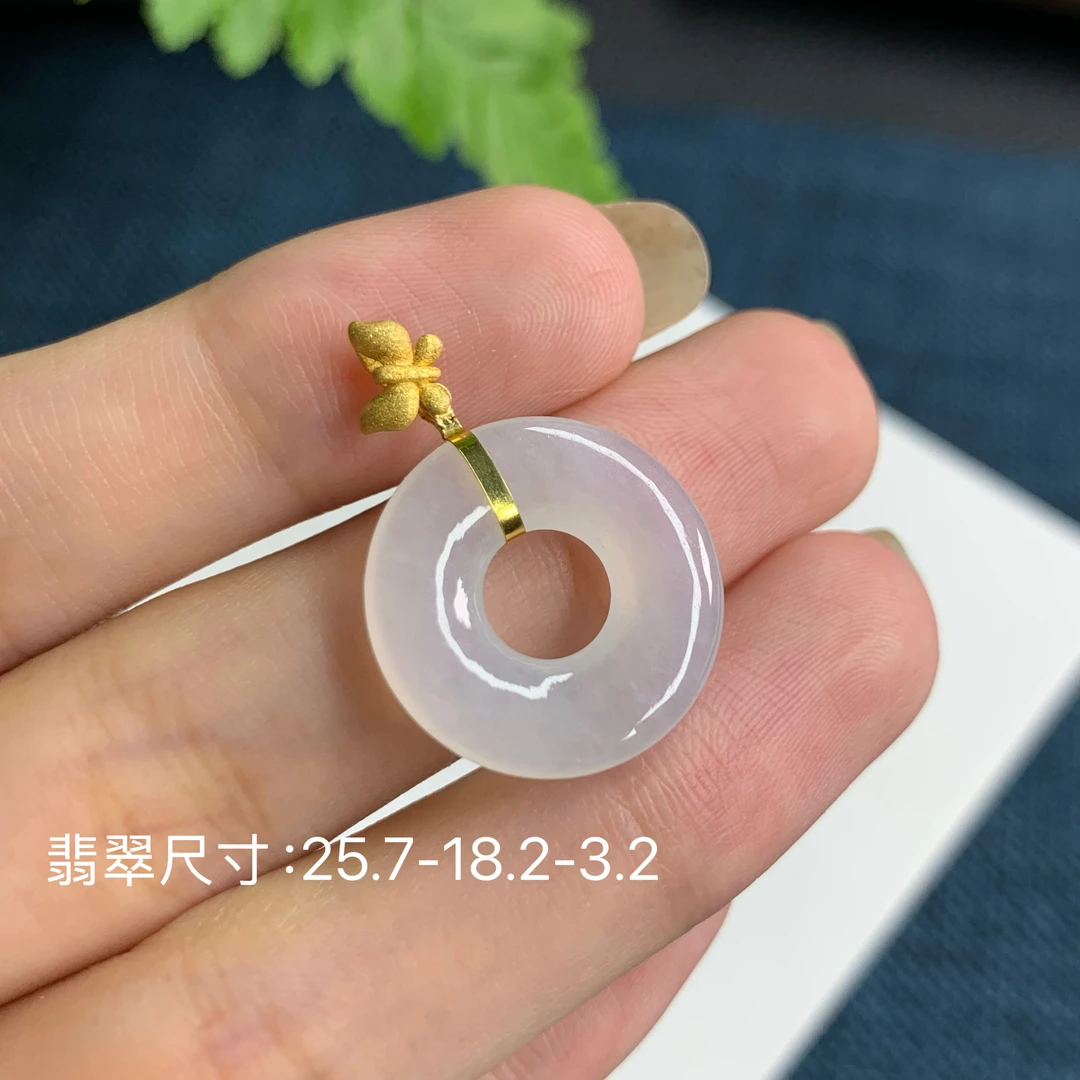 琦意翡翠18k金镶嵌冰种起光白月光甜甜圈吊坠缅甸翡翠A货