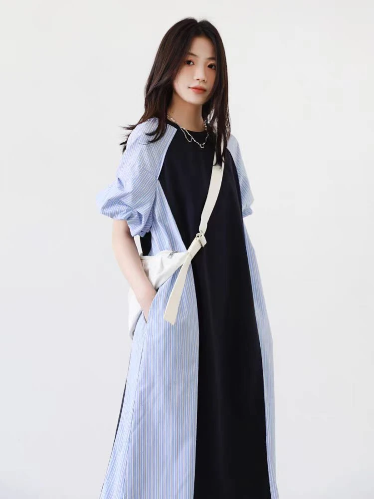 【条纹裙】2025夏季新款时尚设计感拼接条纹显瘦连衣裙.K50613b