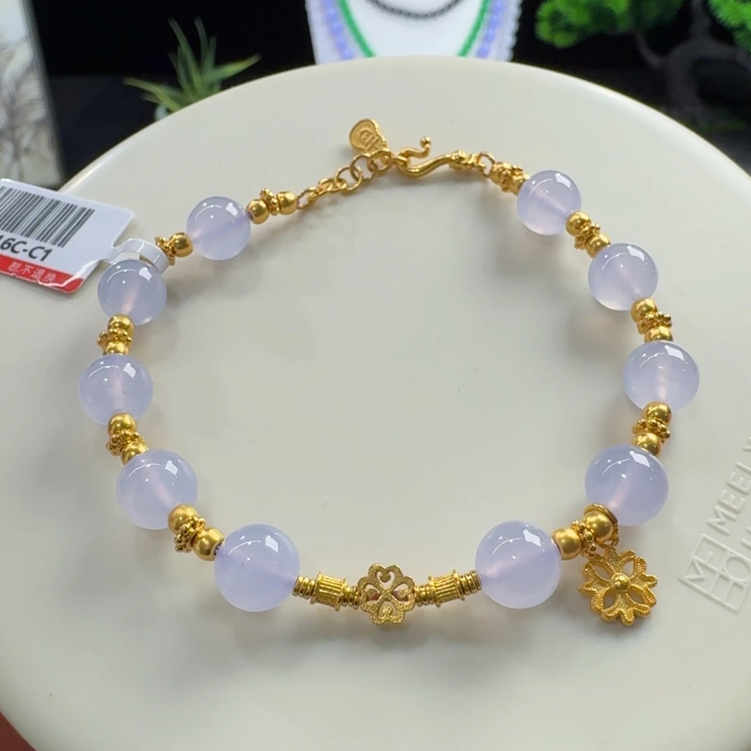 翡翠足金镶嵌手链高冰粉紫盘缠8mm(5.2克)