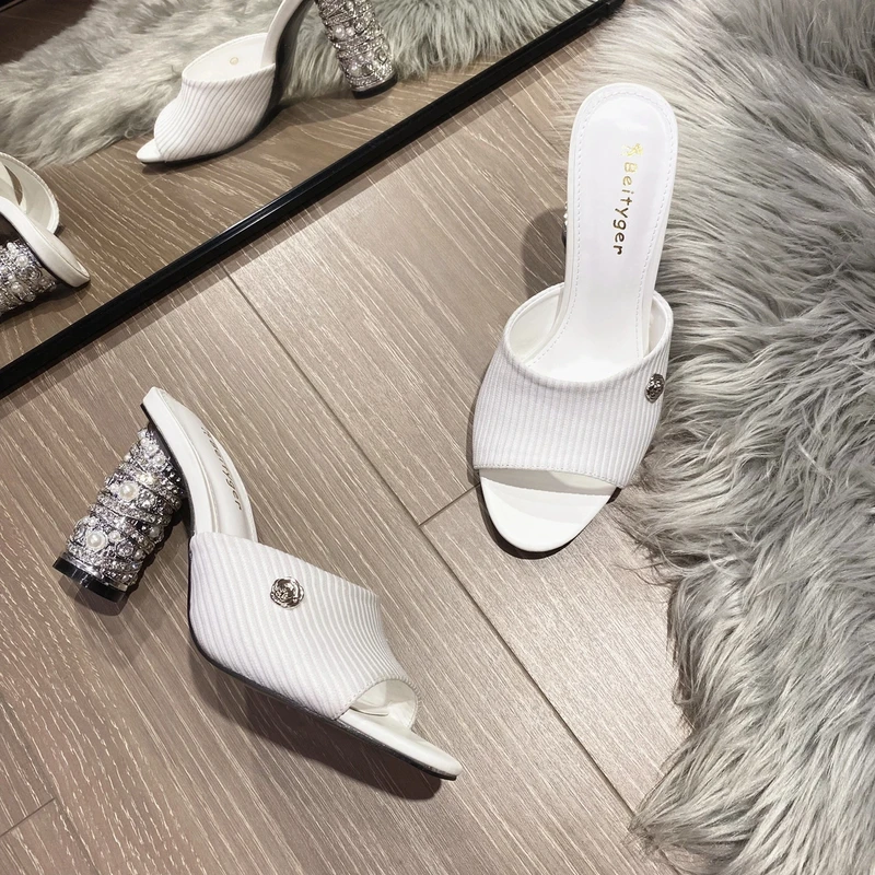 2025夏季新款黑色山茶花粗跟鱼嘴高跟鞋中跟一字拖鱼嘴通勤女鞋