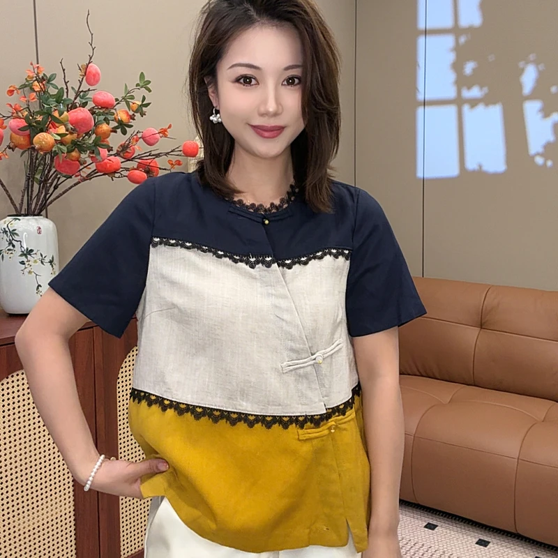 夏季新款三色拼接麻圆领短袖洋气独特别致超好看新中式上衣6663
