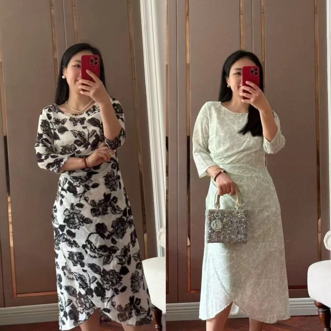 【若衣】春之色·设计感立裁褶皱七分袖正肩连衣裙250135