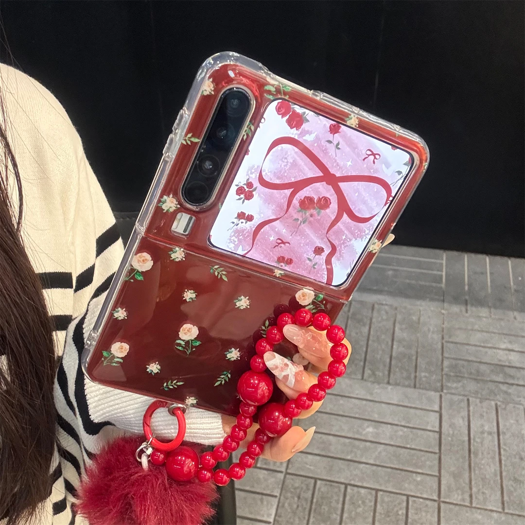 适用华为purax典藏版折叠屏手机壳PuraX酒红底满屏玫瑰花毛球链条