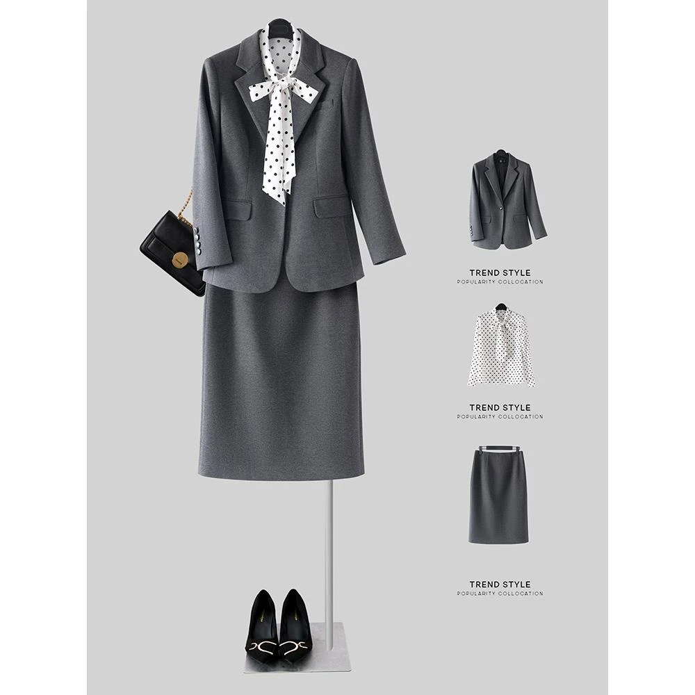 毛呢职业西装外套女秋冬季加厚高级感职业正装灰色西服两件洋气裙