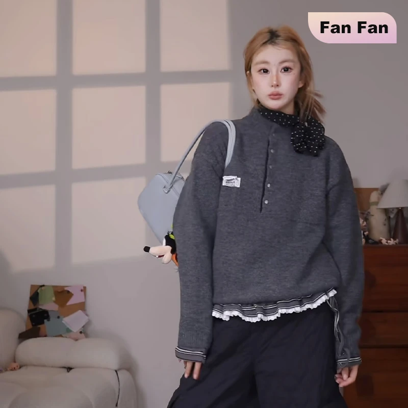 高端货~学院风半系扣领羊毛毛衣宽松针织衫下摆抽绳休闲上衣