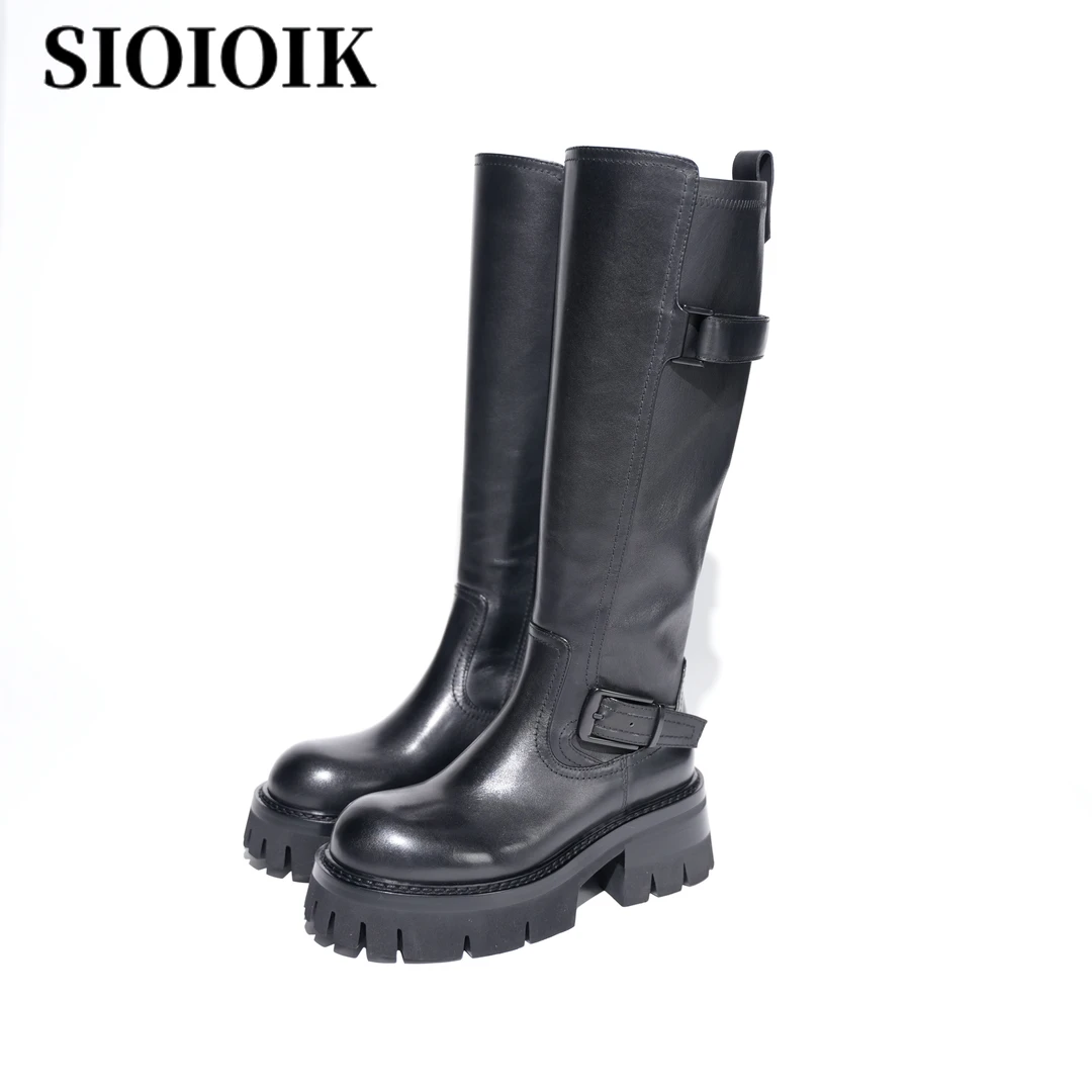 SIOIOIK/素卡25新款长靴女马丁靴真皮黑色骑士靴厚底显瘦高筒靴子