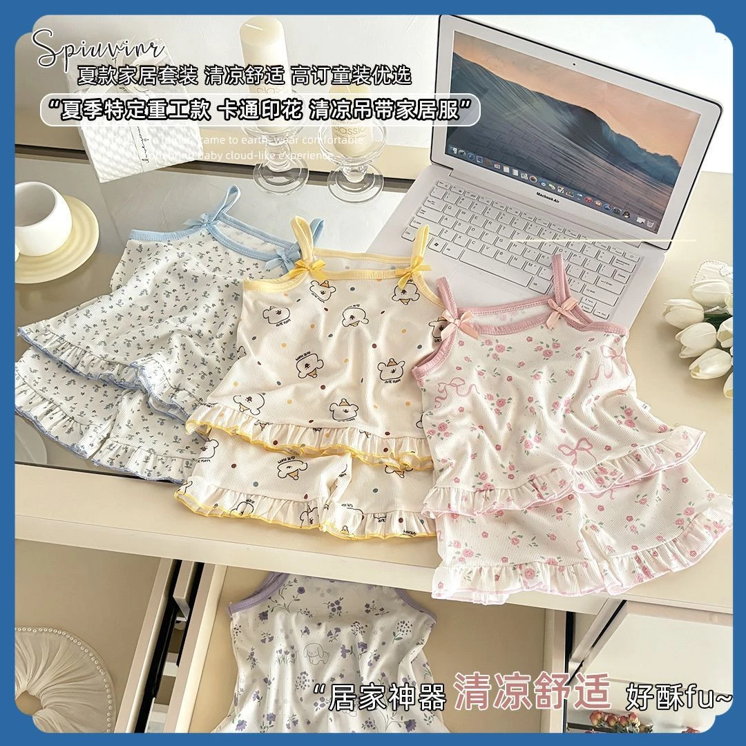 2025夏季儿童吊带碎花套装女童无袖裙女童慵懒公主薄款卡通洋气