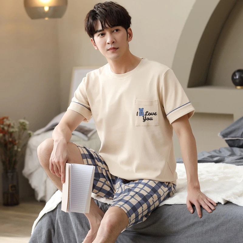 纯棉睡衣男士夏季短袖短裤高级感全棉大码夏款休闲格子家居服套装