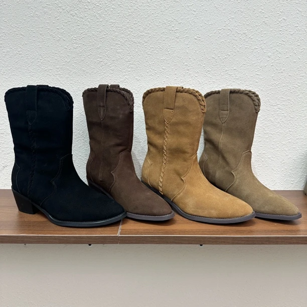 319复古西部风尖头V口短靴中筒女韩版磨砂皮流苏马丁靴秋冬季加绒