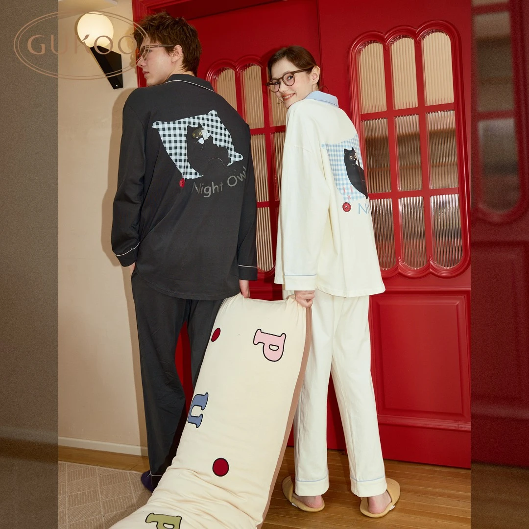 Gukoo/果壳小黑猫印花纯棉简约时尚可外穿情侣男女家居服春秋卡通