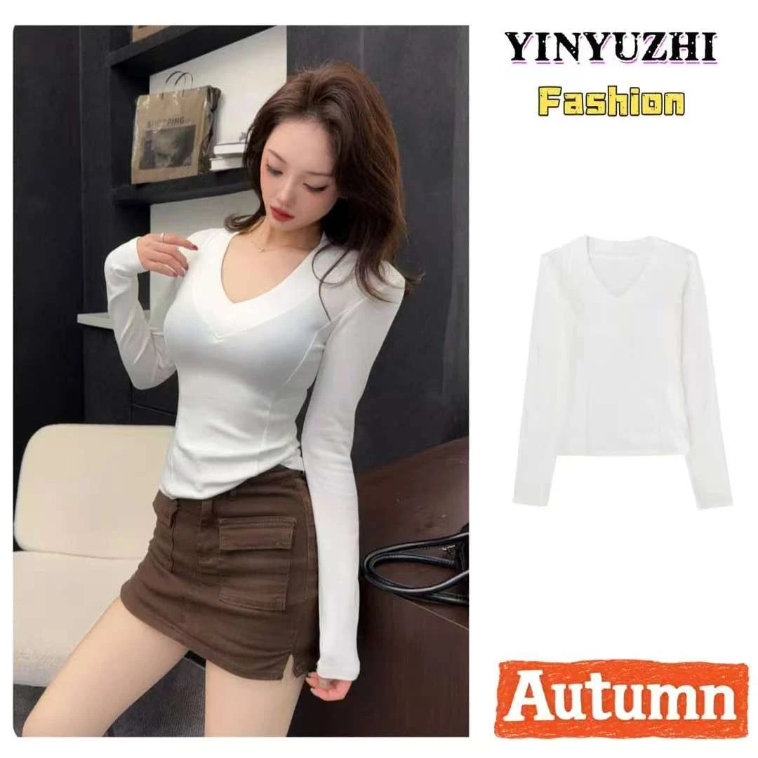 秋季v领韩系修身女士打底衫长袖T恤纯色3661
