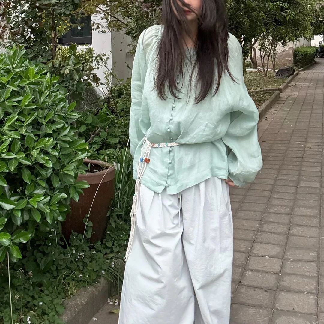 「巨巨仙」苎麻纯色清透无感长袖防晒衫夏季女套头宽松大版套头衬衫