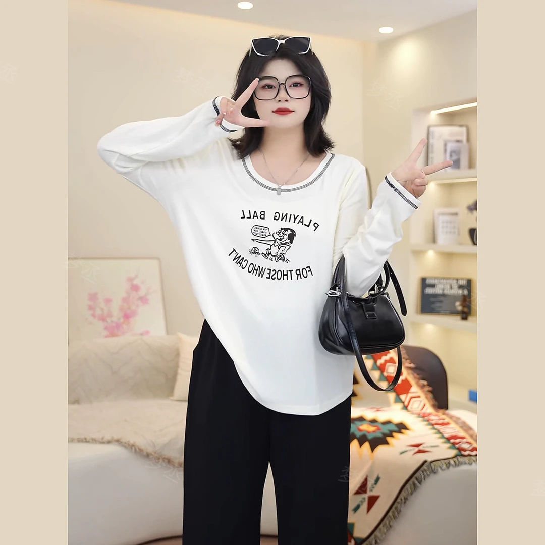 梦丞-圆领趣味卡通印花大码女装胖mm新款宽松显瘦百搭长袖T恤上衣