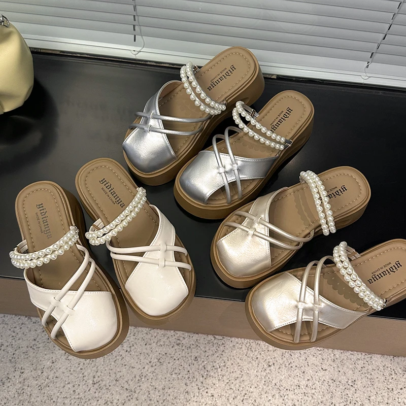 包头半拖鞋女2025新款夏季珍珠两穿厚底5CM镂空一脚蹬懒人半托