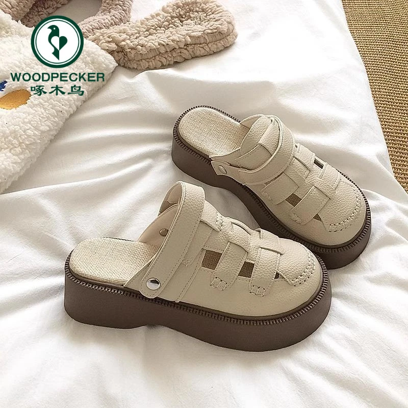 啄木鸟厚底洞洞鞋两穿凉拖鞋女夏外穿2025新款包头半拖鞋罗马凉鞋