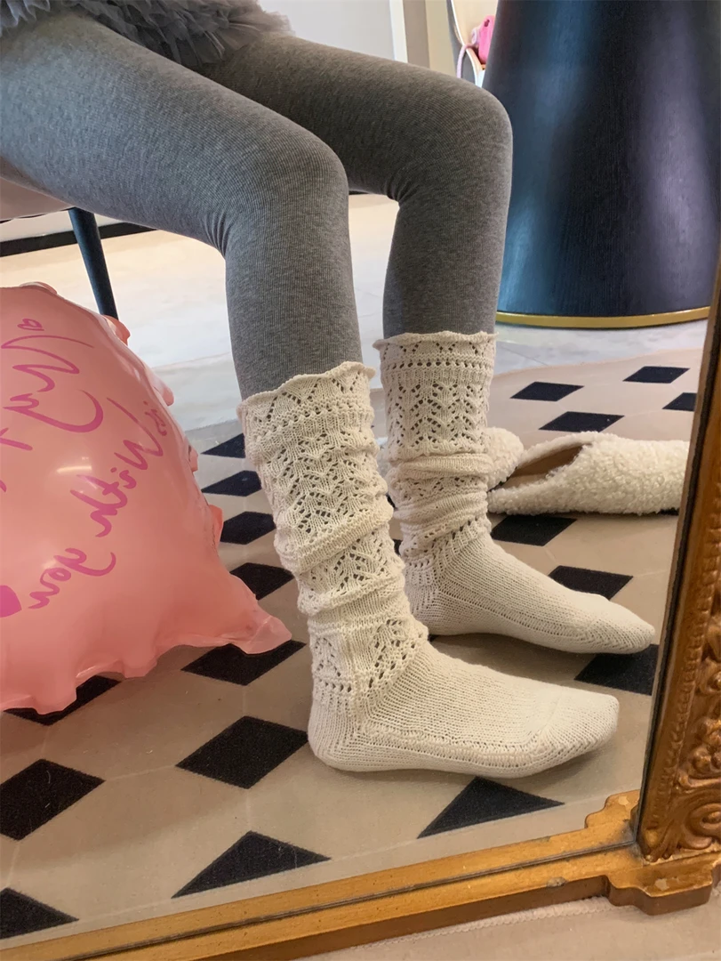 JENNIFER JXLIU波浪边镂空羊毛袜小腿袜子重工粗针长筒袜堆堆袜女