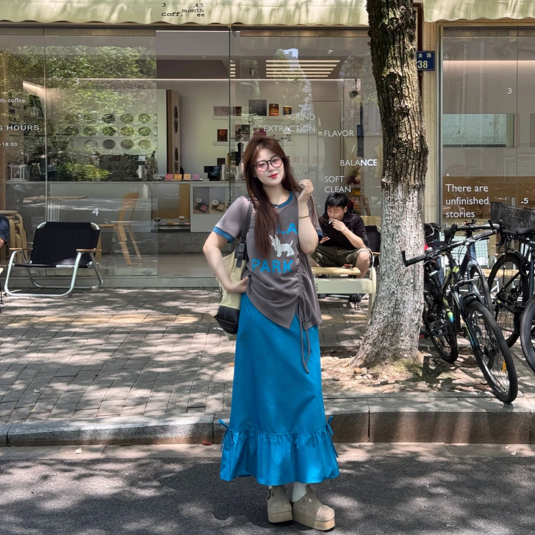 南岛风大码女装拼接撞色多巴胺短袖T恤胖mm显瘦半裙套装ZYY1783