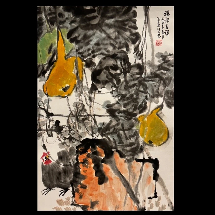 《福禄吉祥》董道宣四尺三开精品花鸟