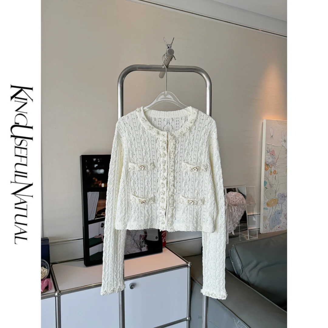 KUN【梵华】镂空云朵白 拱针山茶花镂空新款小香短款女秋季针织外套