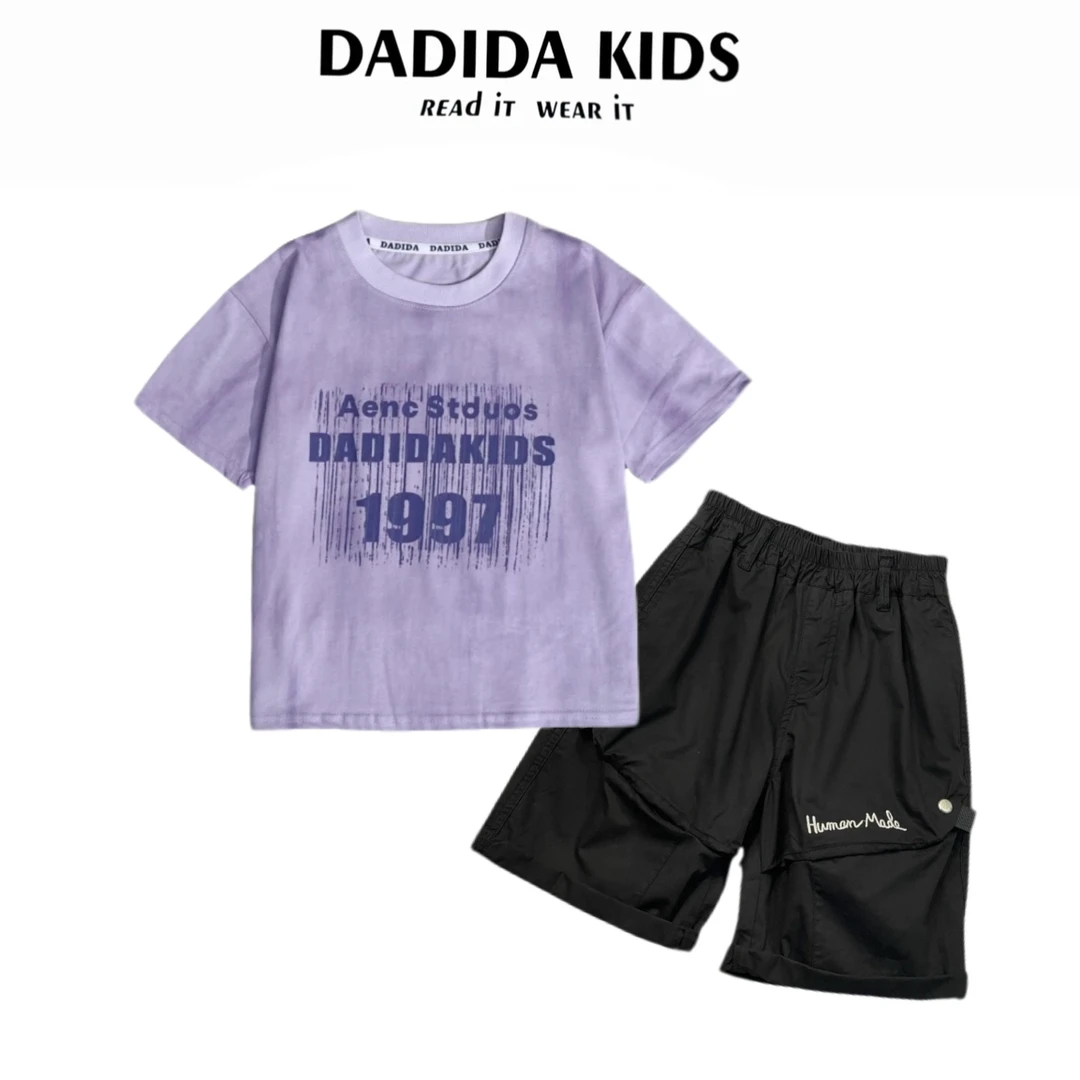 dadida/嗒嘀嗒夏季上新男童复古美式印花休闲时尚套装20250401003