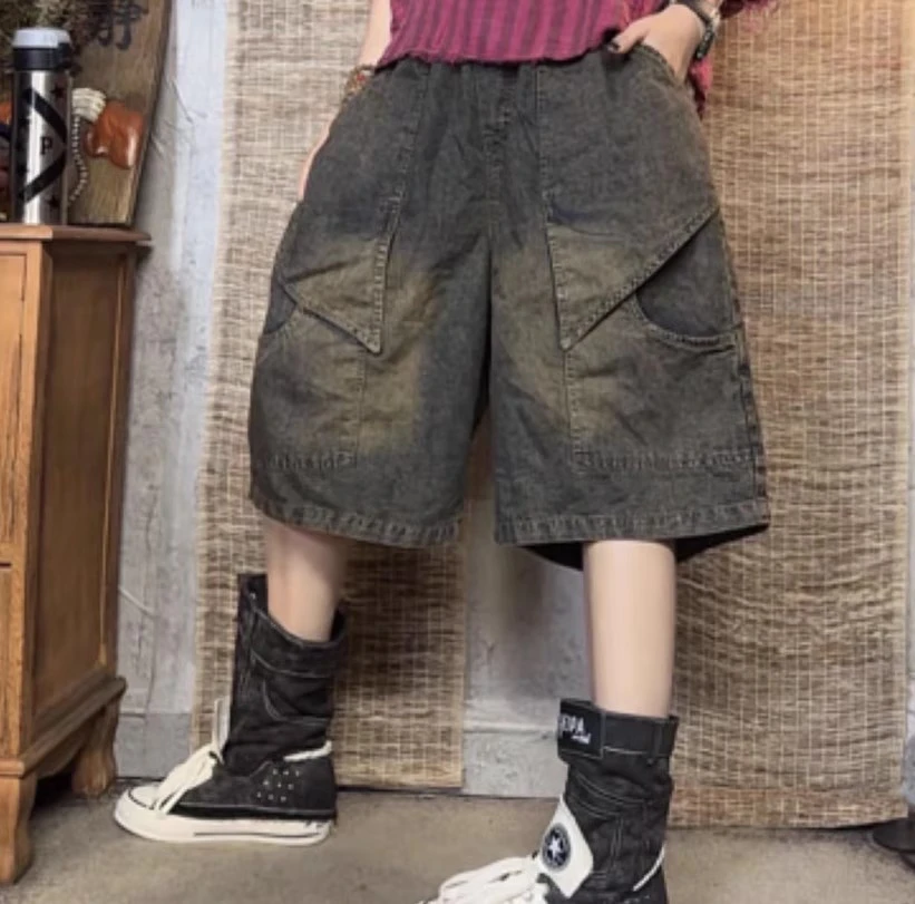 夏季薄款复古炒色宽松休闲牛仔短款女百搭显瘦直筒六分裤