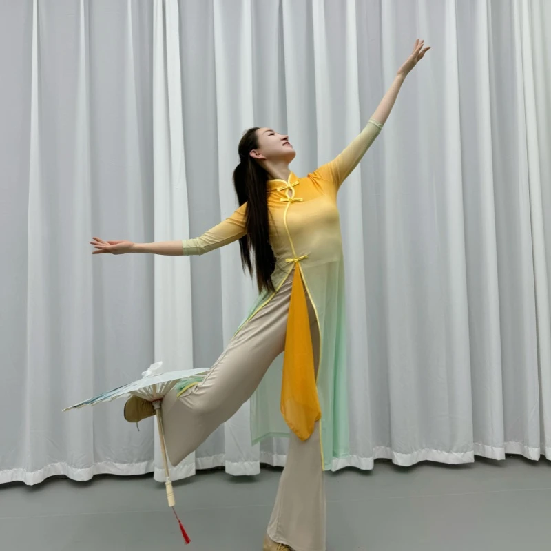 古典舞服装女飘逸渐变纱衣旗袍舞蹈长上衣身韵形体练功服