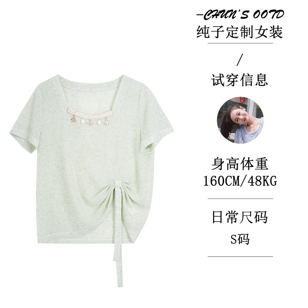 【慧姐】法式手工花边亚麻抽绳短袖【14788】
