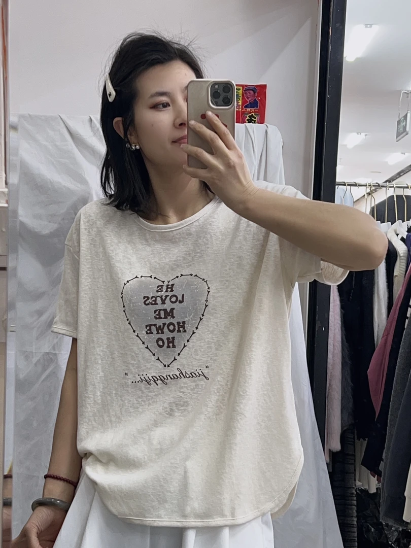 （珍惜）圆领短袖印字爱心雪花亚麻棉T恤宽松百搭女