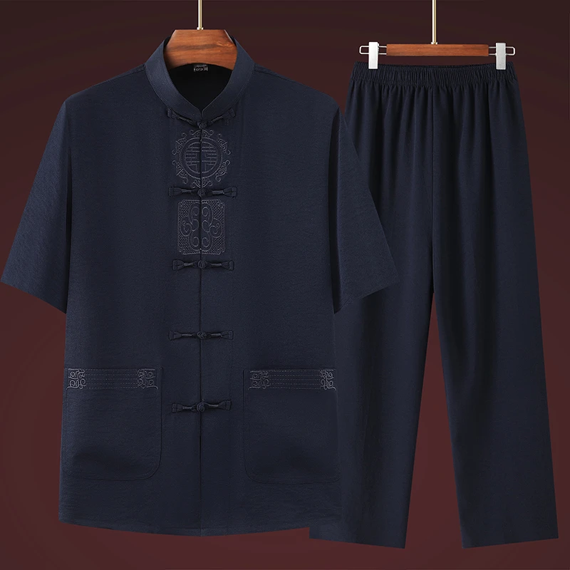 爸爸夏季套装中年男士短袖衬衫中国风唐装两件套中老年人爷爷衣服