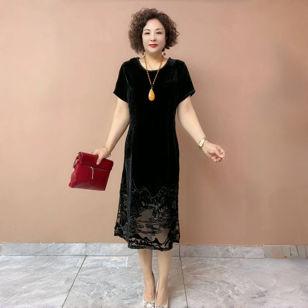 2025高端丝绒烧花短袖圆领宽松显瘦气质直筒连衣裙夏薄款中长裙