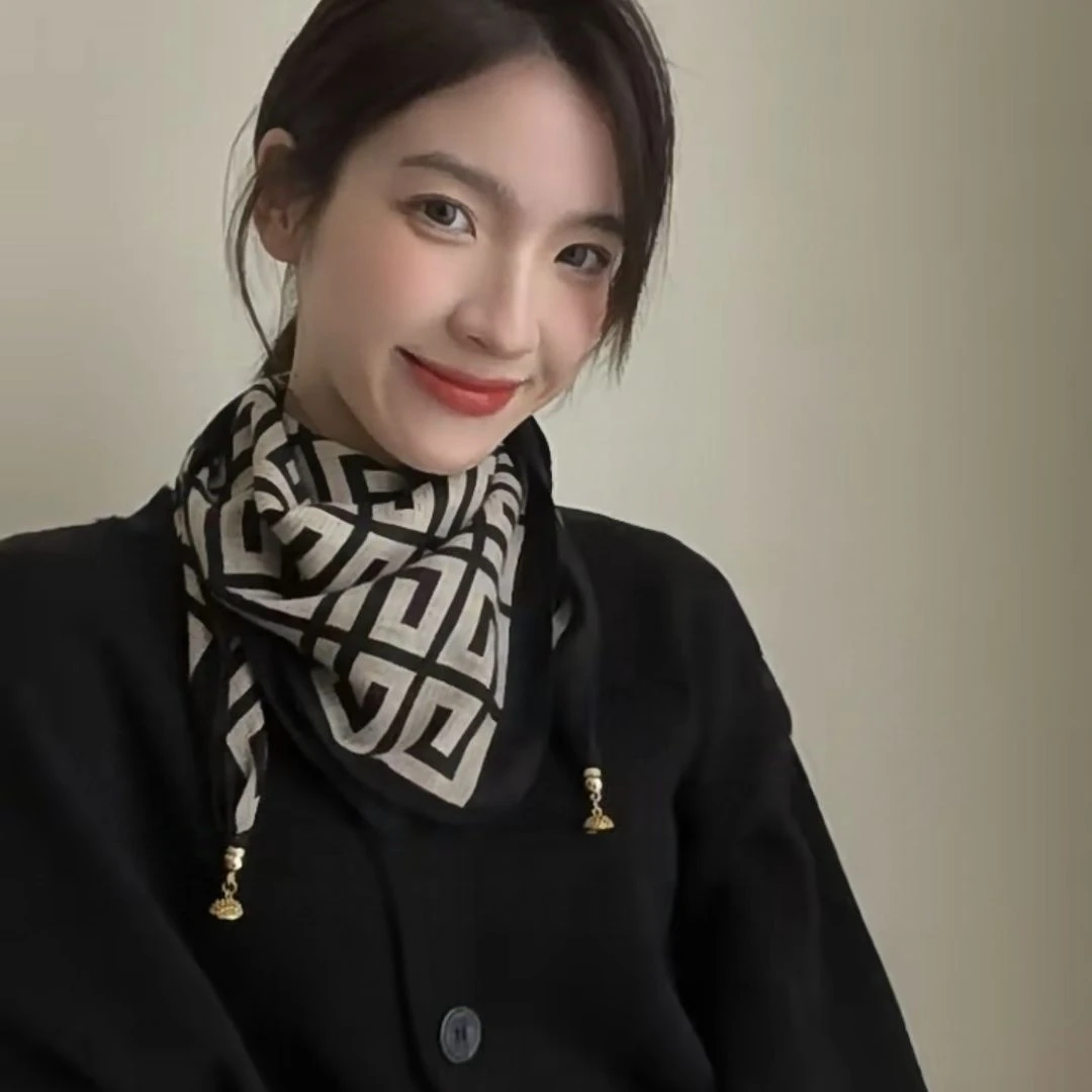 磁扣棉麻小方巾护颈丝巾女韩版新款冬季时尚百搭高级领巾懒人围巾