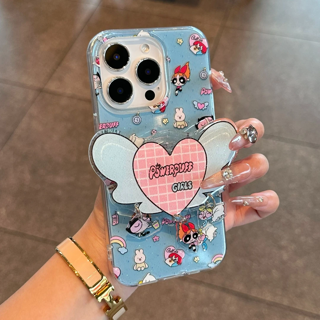 Lucky爱心翅膀支架小女警适用iPhone16白色闪粉15苹果13手机壳12