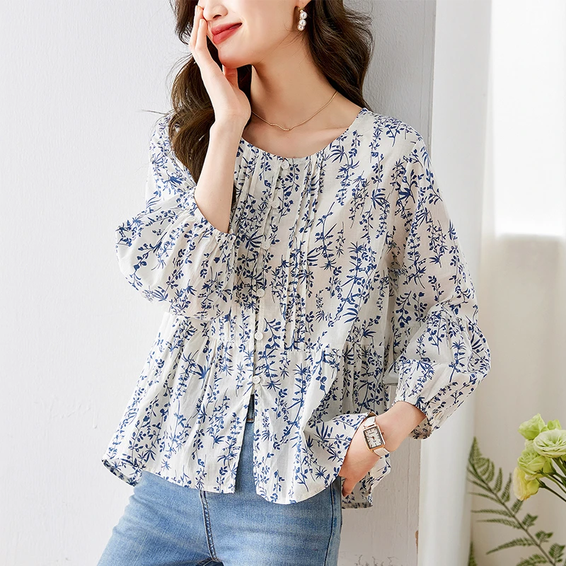 春季新款七分袖别致上衣女设计感小众洋气时尚碎花雪纺衬衫