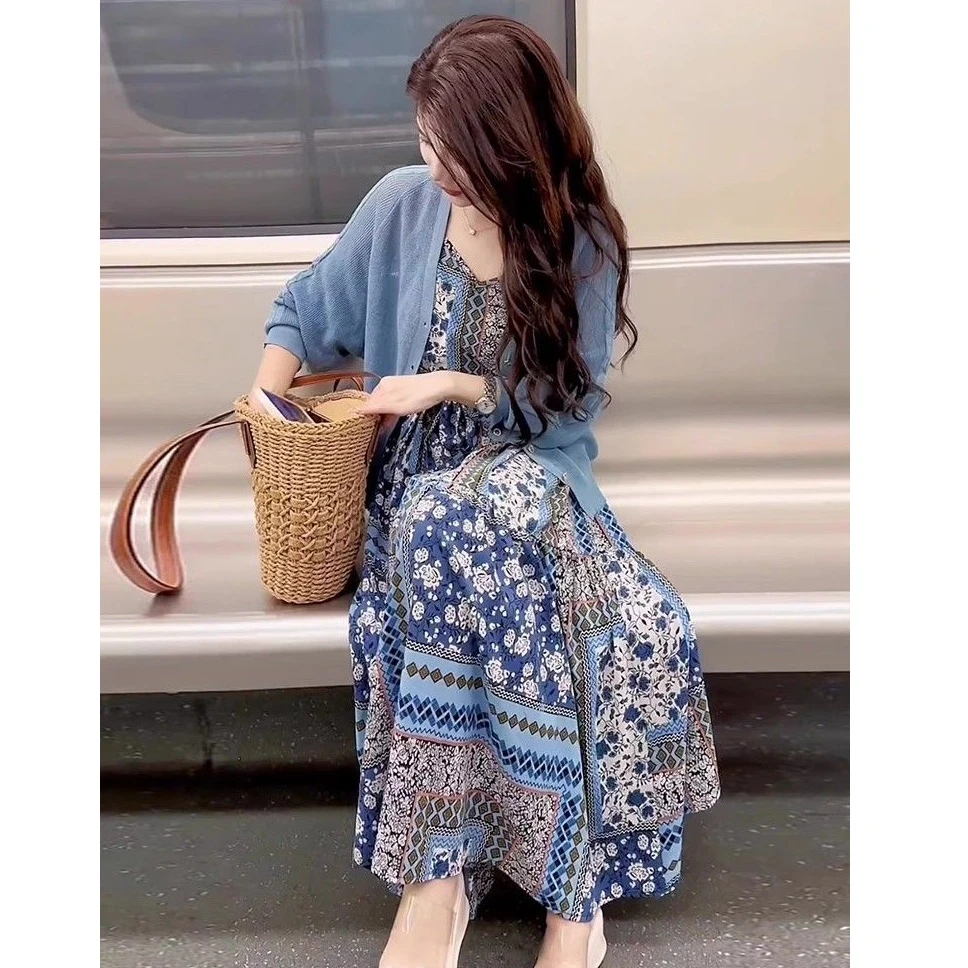 春季穿搭一整套2025新款洋气针织开衫女搭配波米西亚碎花裙两件套