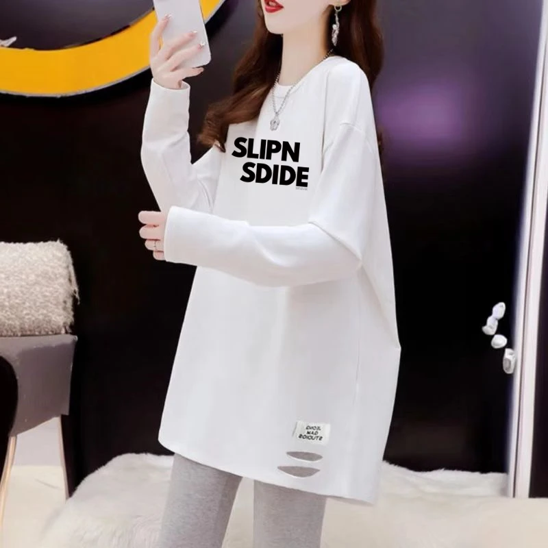 春秋长袖中长款纯棉t恤女遮屁股百搭破洞印花大码宽松印花打底衫