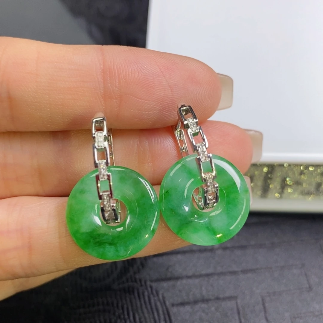 翡翠18K金镶嵌耳饰链条耳包➕甜甜圈