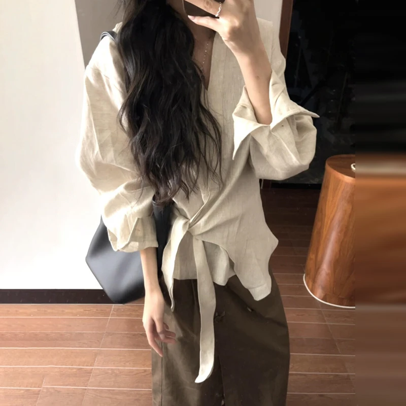 2025新款老钱风亚麻长袖衬衫外套女春季设计感衬衣高级感掐腰上衣