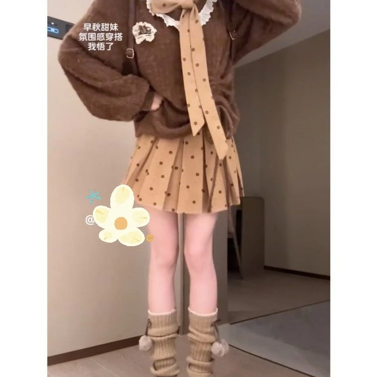 【莹莹推荐】甜美少女学院风蝴蝶结针织衫焦糖色毛衣波点套装女