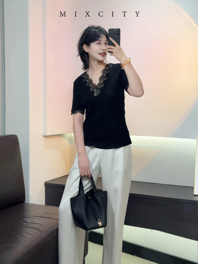 【亚楠本楠】蕾丝T◆法式曼妙蕾丝花边100羊毛T恤8208