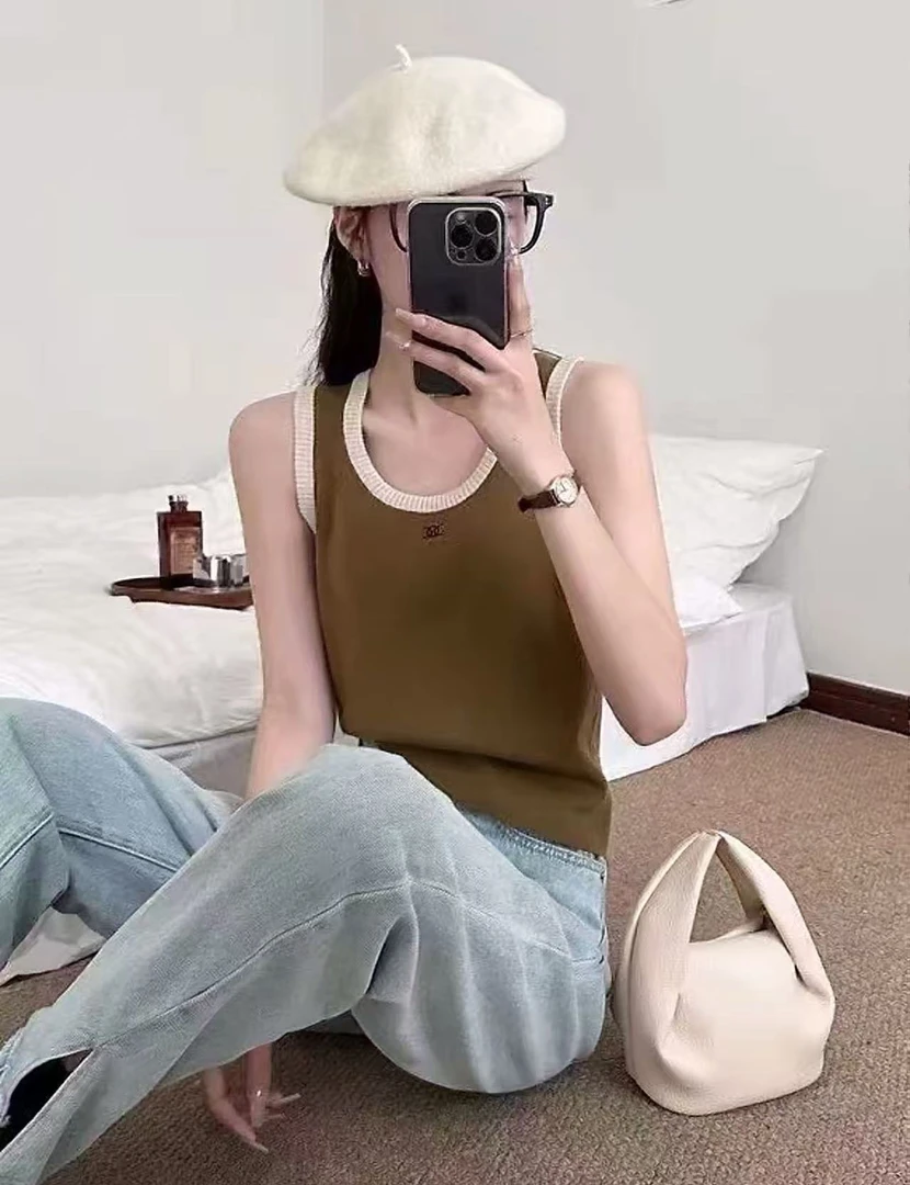 0608【小辣妹】设计感无袖打底条纹针织吊带背心女内搭外穿短款上衣