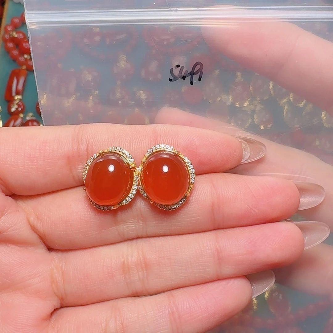 南红玛瑙银S925镶嵌耳饰