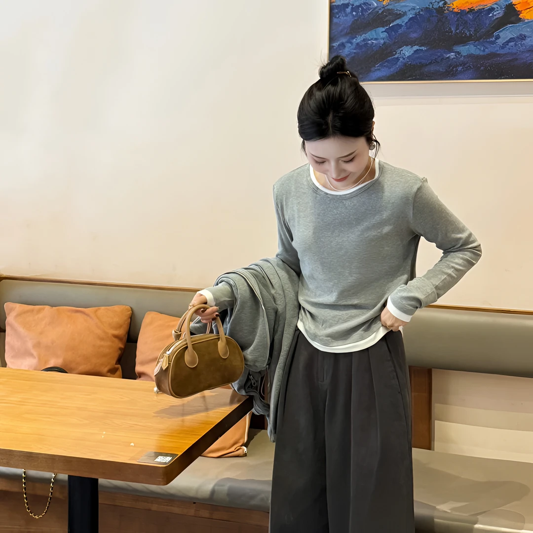 【氧气因子】韩系百搭休闲拼接撞色假两件慵懒风超舒服简约秋冬T恤