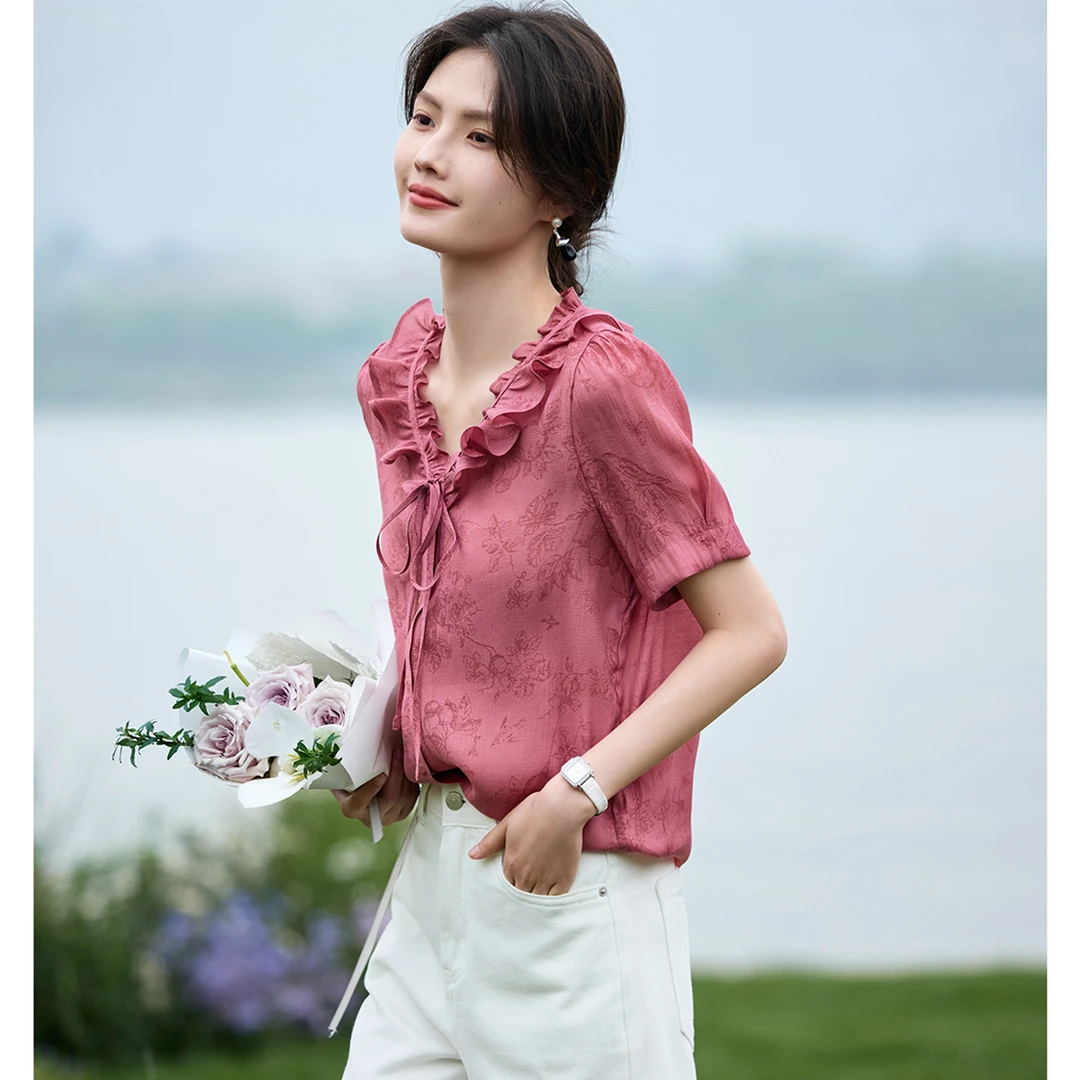 XWI/欣未2025年秋季花型显瘦舒适泡泡袖优雅木耳边减龄衬衫女5454