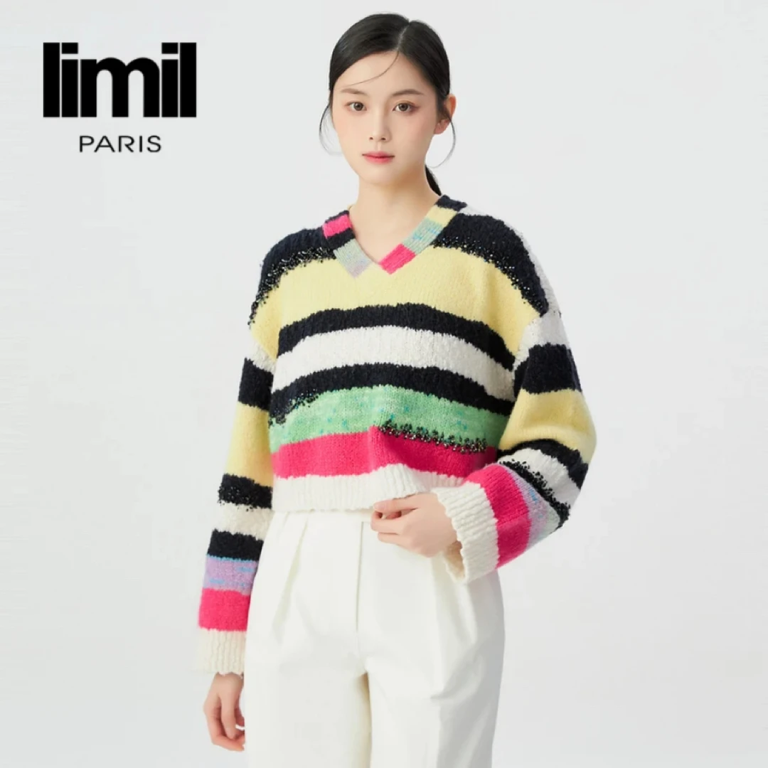 limil/丽米儿新款绵羊毛条纹色彩混织V领毛衣针织衫9399672