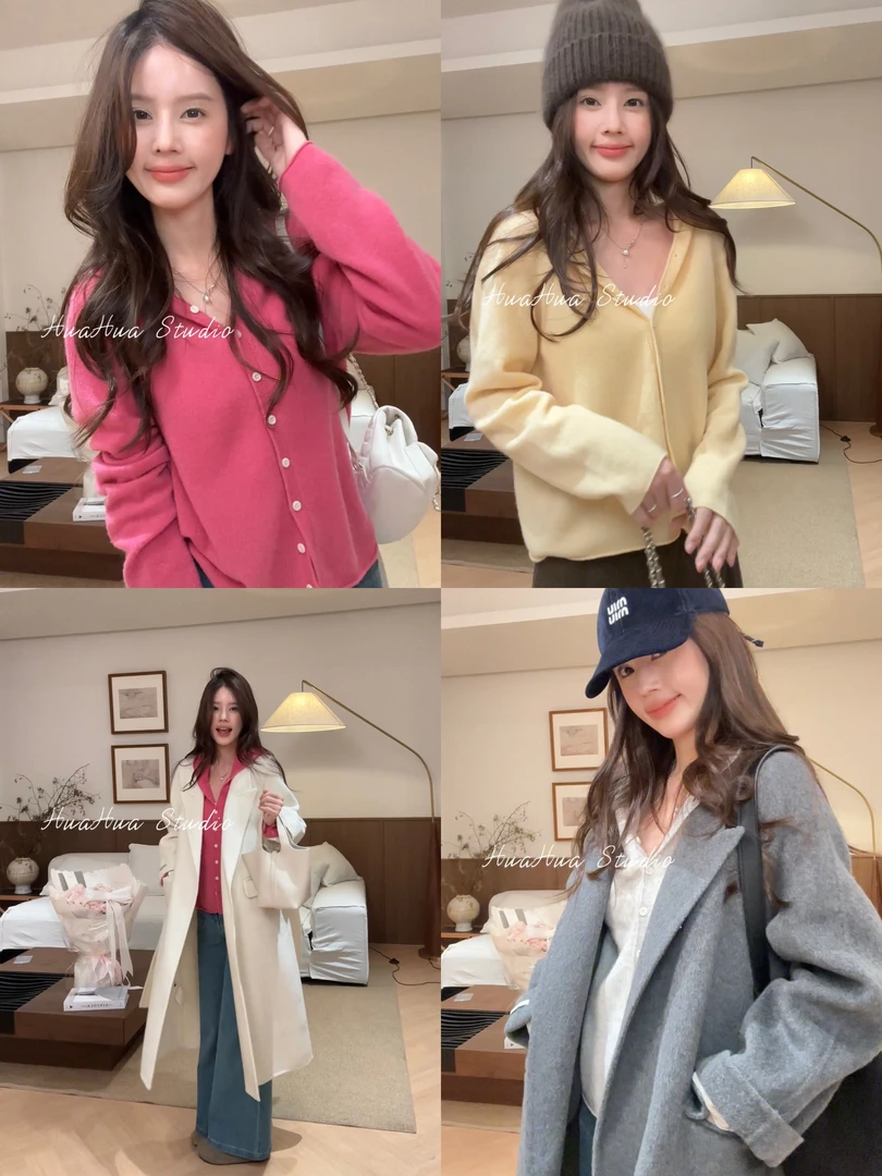 【花花】马卡龙小衫~100%绵羊毛韩系单排扣百搭连帽针织开衫毛衣