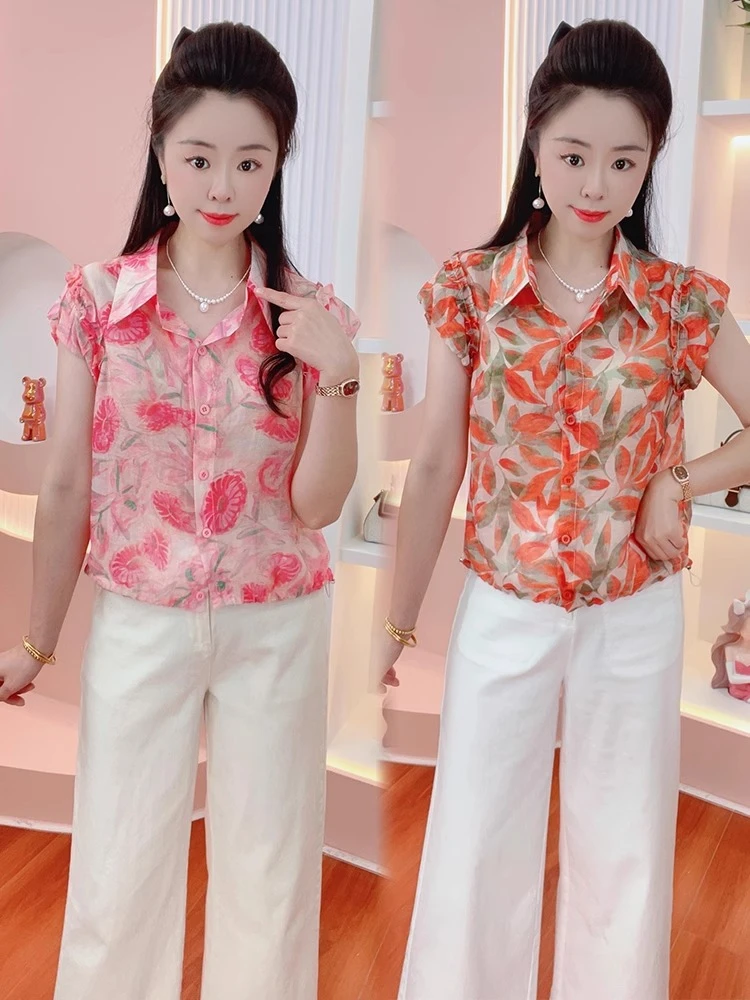 时尚印花衬衫女2025夏季新款洋气减龄遮肚子显瘦上衣薄款碎花衬衣